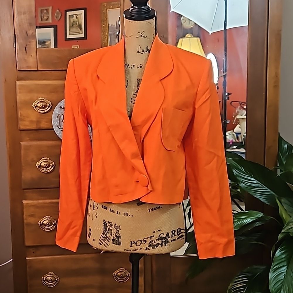 Horchow 100% Linen Orange Cropped Jacket Blazer Size 4 Single Button - Picture 2 of 11